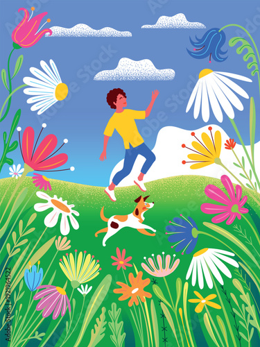 A boy and his pet dog play in a spring meadow surrounded by bright wildflowers and grasses. Springtime's poster or banner. Handmade drawing vector illustration doodle cartoon.
