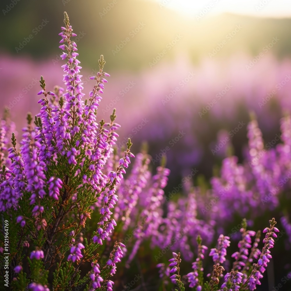 Obraz premium Vibrant purple and pink heather flowers blooming densely in a wild, sunny landscape, showcasing delicate petals and natural texture, wildflower, growth, meadow