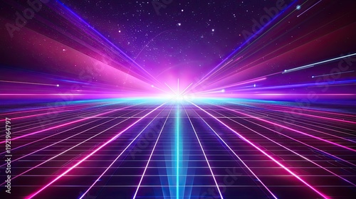 A vibrant, futuristic landscape with neon lines and stars, evoking a digital retro aesthetic.