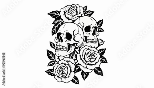 Skulls with Roses Illustration – Gothic Art Symbol
