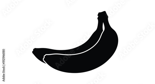 A black silhouette of a curved banana on a white background