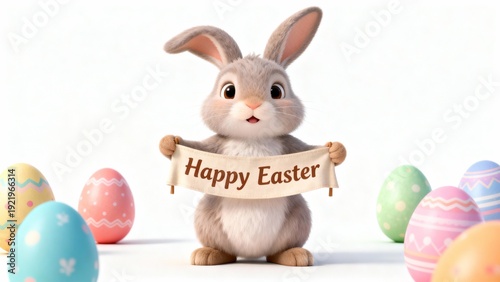 Cute Easter Bunny Holding a Banner with Happy Easter Text on White Background