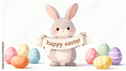 Cute Easter Bunny Holding a Banner with Happy Easter Text on White Background