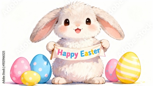 Cute Easter Bunny Holding a Banner with Happy Easter Text on White Background