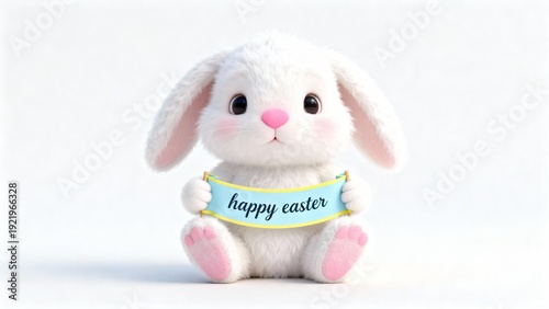 Cute Easter Bunny Holding a Banner with Happy Easter Text on White Background