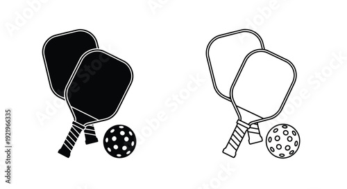 Pickleball paddles and ball in a simple black and white illustration silhouette