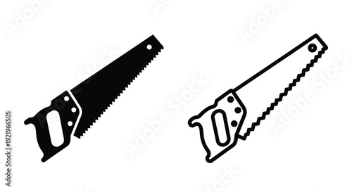 Two hand saws depicted in stark black outline silhouette