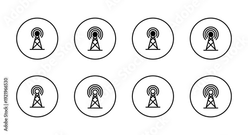 Wireless tower icon set in circular outline. Broadcast symbol. Radio antenna with wave signal sign
