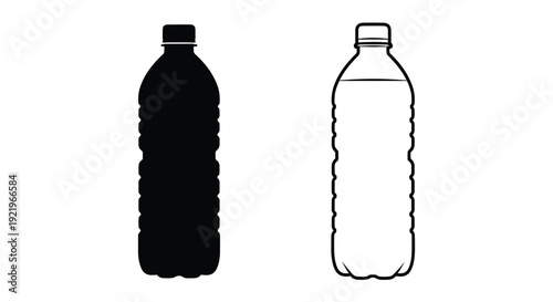 Two plastic bottles one filled one empty in contrasting styles silhouette