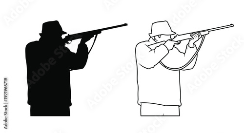 Two hunters aiming rifles one as a dark silhouette