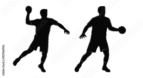 Two handball players in action dynamic poses shown in silhouette