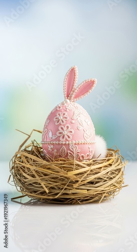 Wallpaper Mural Pastel pink decorative egg shaped like a small rabbit sitting in a nest of straw, symbolizing springtime celebration and fertility, rustic, holiday, macro Torontodigital.ca