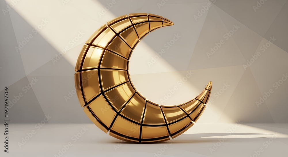 Obraz premium Luxurious golden segmented crescent moon 3D render. Perfect for Islamic holidays Ramadan Eid spirituality elegant modern design.