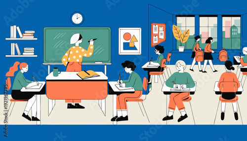 Very beautiful modern school classroom interior featuring both front and back perspectives, clean flat design composition with chalkboard and teacher desk, arranged in a spacious horizontal banner lay