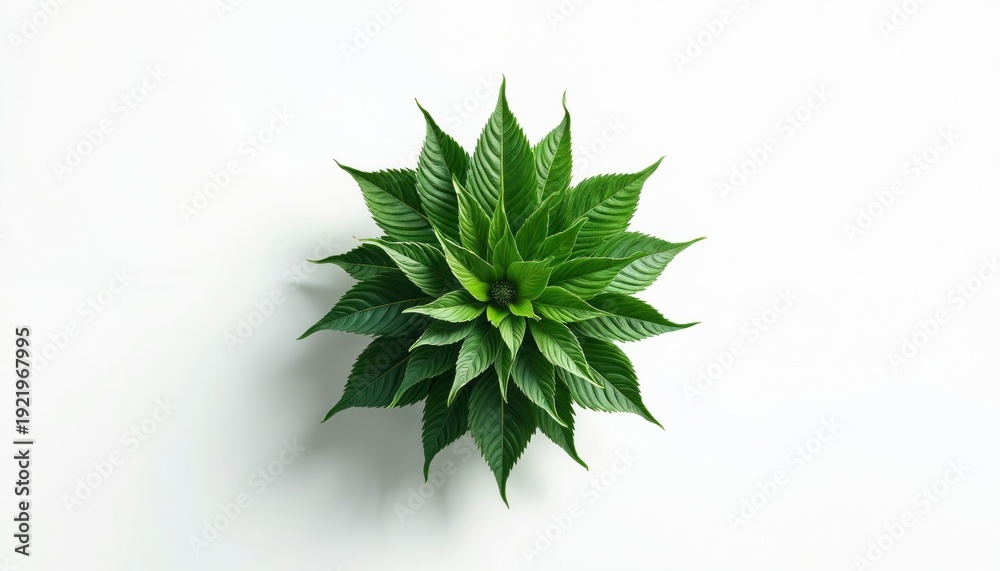 Fototapeta premium Green plant with symmetrical leaves arranged in a circular pattern. Minimalist studio shot on white background with soft shadow. Freshness, nature, growth symbol.