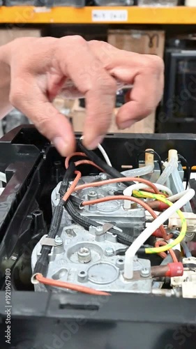 Coffee machine with grinder being checked and repaired by a technician repairing electrical appliances with a screwdriver, performing maintenance and wiring on the machine.
