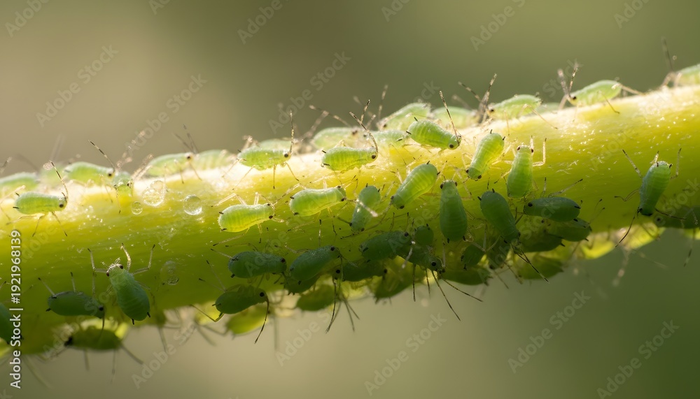 Fototapeta premium Macro close-up of an aphid infestation on a vibrant green plant stem, illustrating a challenging natural pest concept