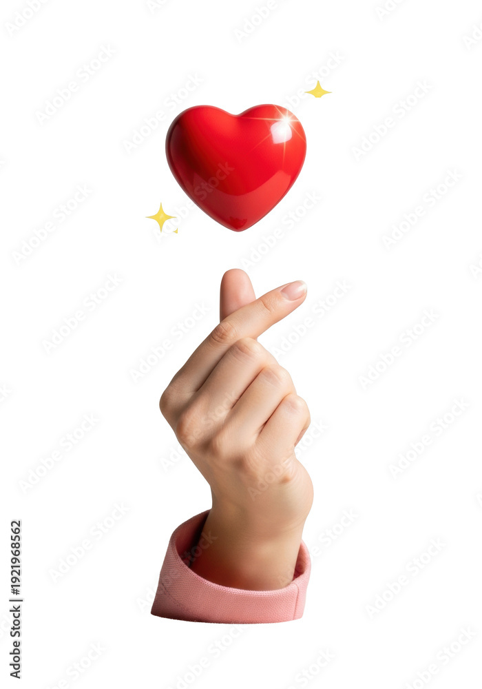 Fototapeta premium Delicate light-skinned hand in a soft pink sleeve forming the korean finger heart, macro shot with a glossy red heart and sparkling stars. concept of tender love and positivity