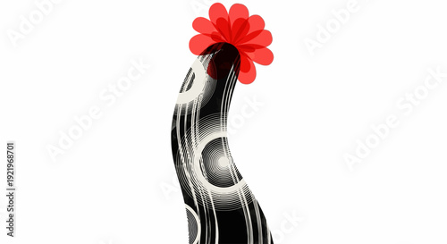 A black and silver metallic object holding a red flower, viewed from the side in a close-up shot