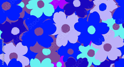 Vibrant floral pattern featuring blue flowers in various shades and hues, creating a lively and colorful design