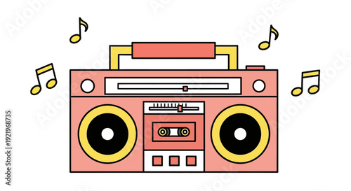 Vibrant illustration of a retro boombox playing music surrounded by floating musical notes