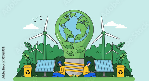 Sustainable energy concept illustration with people embracing eco-friendly technology and renewable resources in a serene natural environment from a panoramic viewpoint