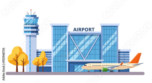An illustration of an airport terminal with a control tower and a plane on the runway, viewed from the side.