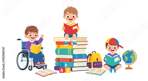 Children with disabilities and their friends studying together surrounded by books and educational materials from a high angle view