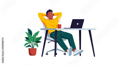 Relaxed man sitting on office chair with laptop and plant nearby in a calm environment viewed from the side