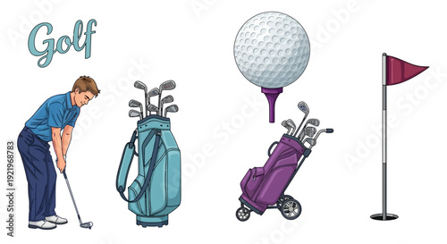 Golfing equipment and golfer on the course with golf bag and flag illustration