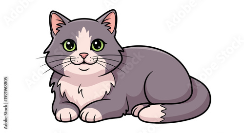 A cartoon cat with green eyes lying down on a white background viewed from the front