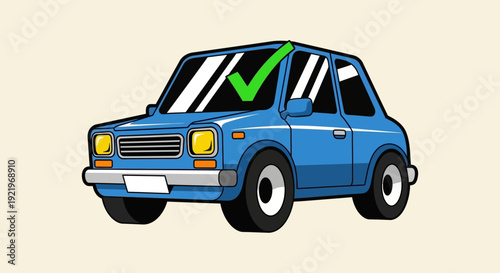 A blue car with a green checkmark on the windshield is viewed from the front left side.
