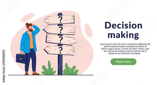 Man pondering decision standing next to signpost with multiple directional signs and question marks