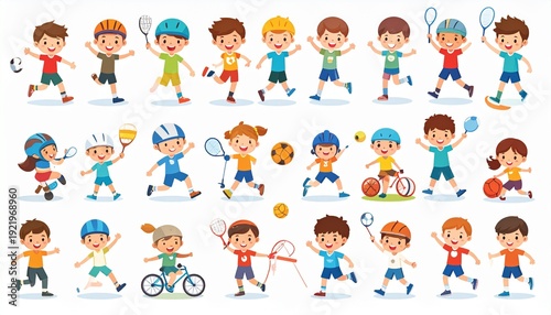 Cartoon Children Engaging in Various Sports Activities.
