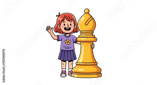 A young girl standing next to a large golden chess piece, celebrating victory in a strategic game, viewed from the front.