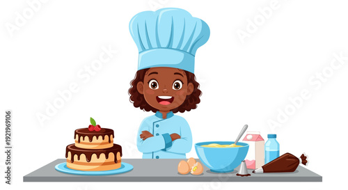 A young female chef preparing a layered chocolate cake in a kitchen