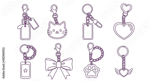 Collection of simple line art keychains featuring various charms and shapes