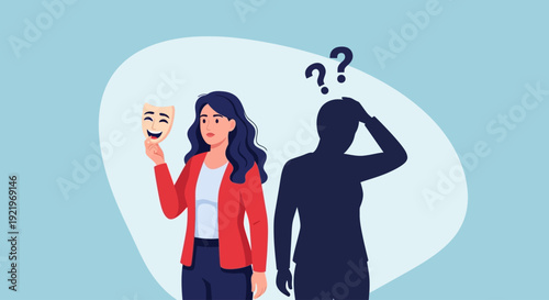 Woman holding mask beside puzzled person with question marks above their head, depicting confusion and identity
