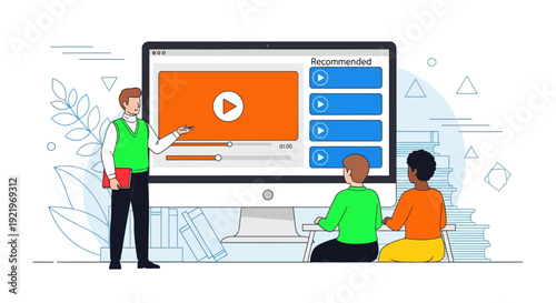 People interacting with a large computer screen displaying a video and various interface elements in a modern setting from a straightforward viewpoint.