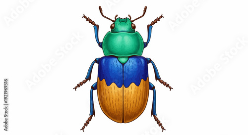 A colorful beetle with blue, green, and orange body parts is viewed from above on a clean background, showcasing its detailed anatomy.