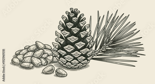 Pinecone illustration with pine seeds and pine needles on a neutral background from a close-up viewpoint