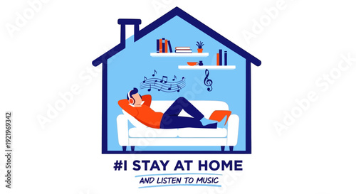 Man relaxing on a couch at home surrounded by music and books, enjoying leisure time indoors