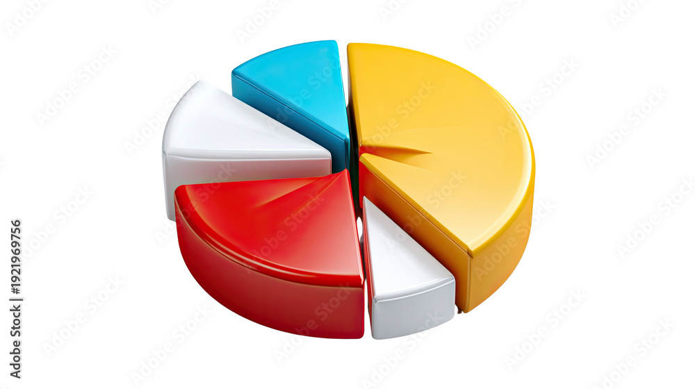Fototapeta premium Colorful Pie Chart: A vibrant pie chart, segmented into distinct colorful portions, visually representing data distribution and proportions, perfect for business analytics and data presentations.