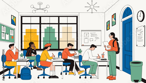 Very beautiful contemporary classroom interior showcasing bright lighting, organized desks, and a sleek academic atmosphere designed for effective learning and creative educational engagement.