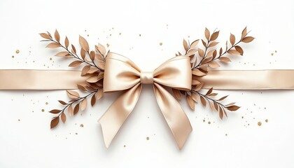Elegant satin bow with golden leaves, glitter accents on white background. Festive graphic perfect for holiday cards, gift packaging, celebration invitations. Use for seasonal decor, design projects.