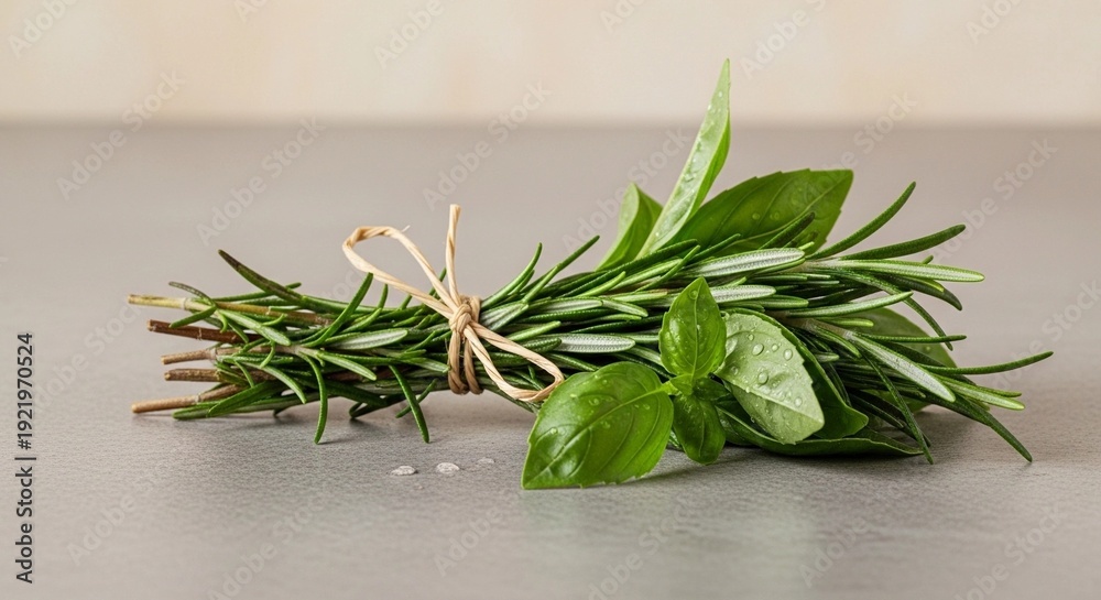 Obraz premium Fresh Rosemary and Basil Herbs Bundle with Water Drops Close Up on Minimal Background
