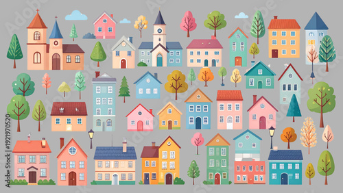 Colorful Small Town Building Collection with Church Houses Apartments and Trees Flat Vector Set