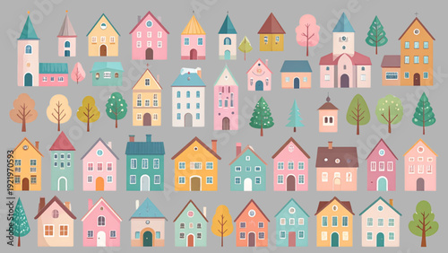 Colorful Small Town Building Collection with Church Houses Apartments and Trees Flat Vector Set