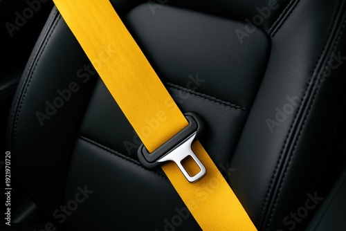 Vibrant yellow seatbelt fastened over a dark black leather car seat, emphasizing safety and modern automotive design. Ideal for themes of travel, security, and luxury vehicles.