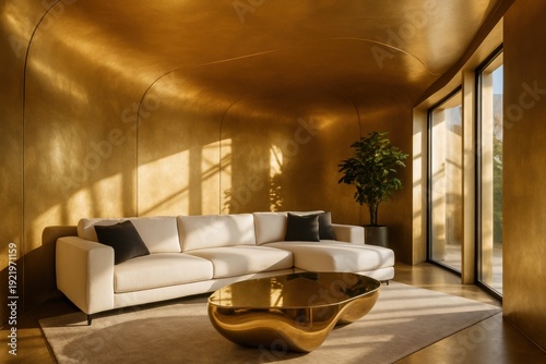 A sunlit modern living room featuring a luxurious cream sectional sofa, a unique golden coffee table, and opulent gold textured walls. Elegant and sophisticated, ideal for interior design, luxury